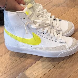 Nike White High-Top Sneakers with Neon Yellow Swoosh